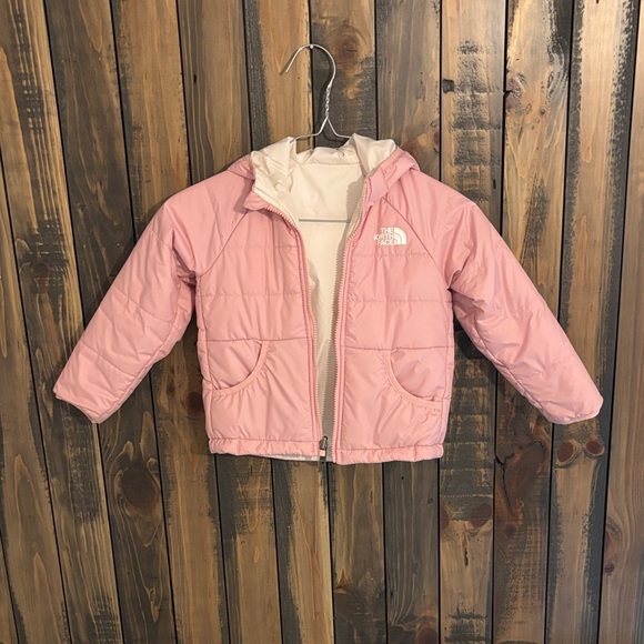Girls North Face Reversible Puffer Coat.  Pink/Cream - Picture 1 of 8